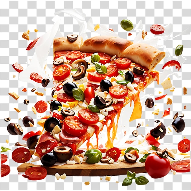 Heerlijke pizza met tomatenbladeren, citroenolijven en paprika's transparante achtergrond ai gegenereerd