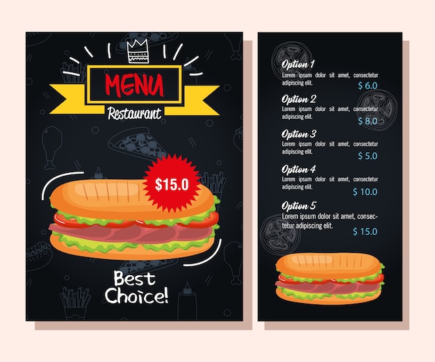 Vector heerlijke sandwich fast food restaurant menukaart