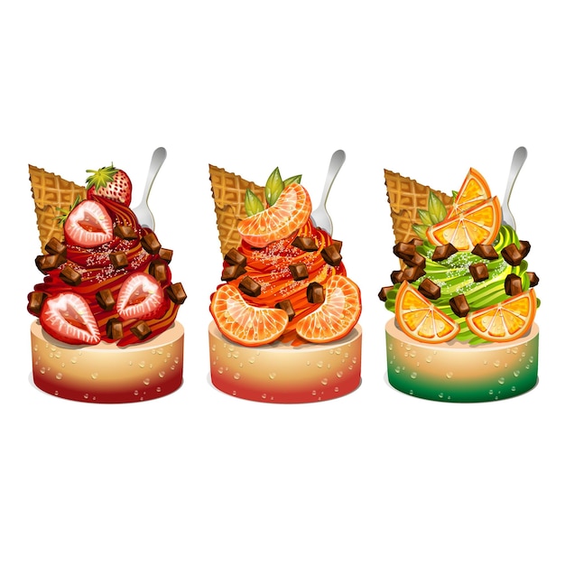 Vector heerlijke sundae pudding met ijs en fruit topping, bovenaanzicht.