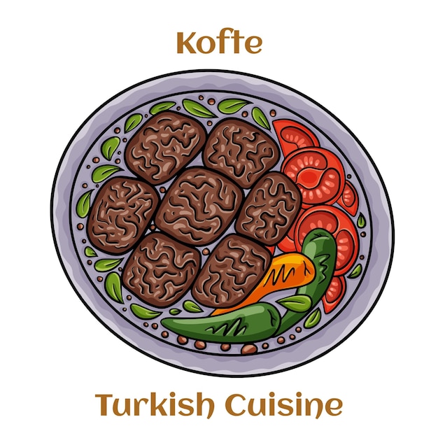Vector heerlijke turkse kofte gemaakt met gehakt of gemalen vlees vermengd met uien kruiden en specerijen turkse traditionele keuken