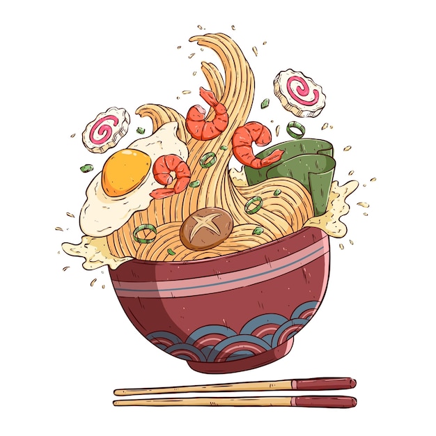 Heerlijke vliegende noedels of japanse ramen Kleurrijke handtekening Aziatische noedels met eetstokje