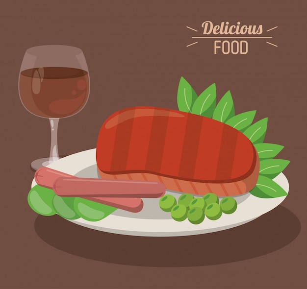 Heerlijke voedsellapje vlees en worsten met erwtengroente en wijn
