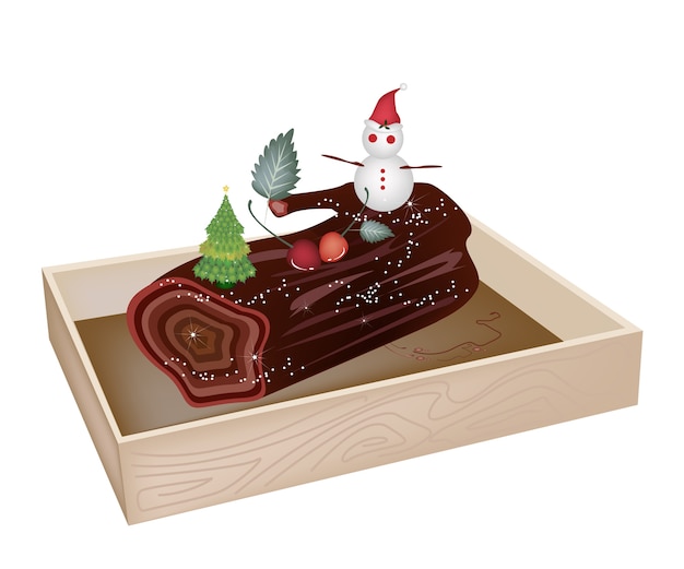 Vector heerlijke yule log cake in houten container