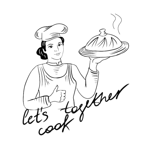 Vector hef girl logo emblem.cooking, food concept.vector illustration.doodle stile