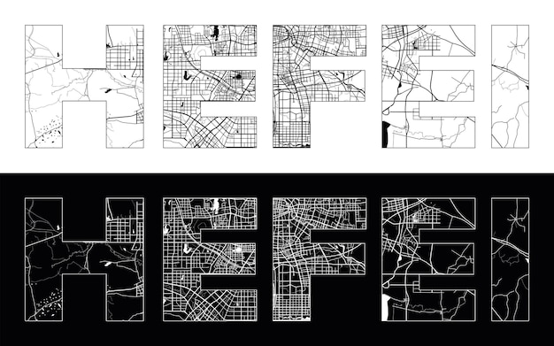 Vettore nome della città di hefei cina asia con vettore di illustrazione della mappa della città in bianco nero