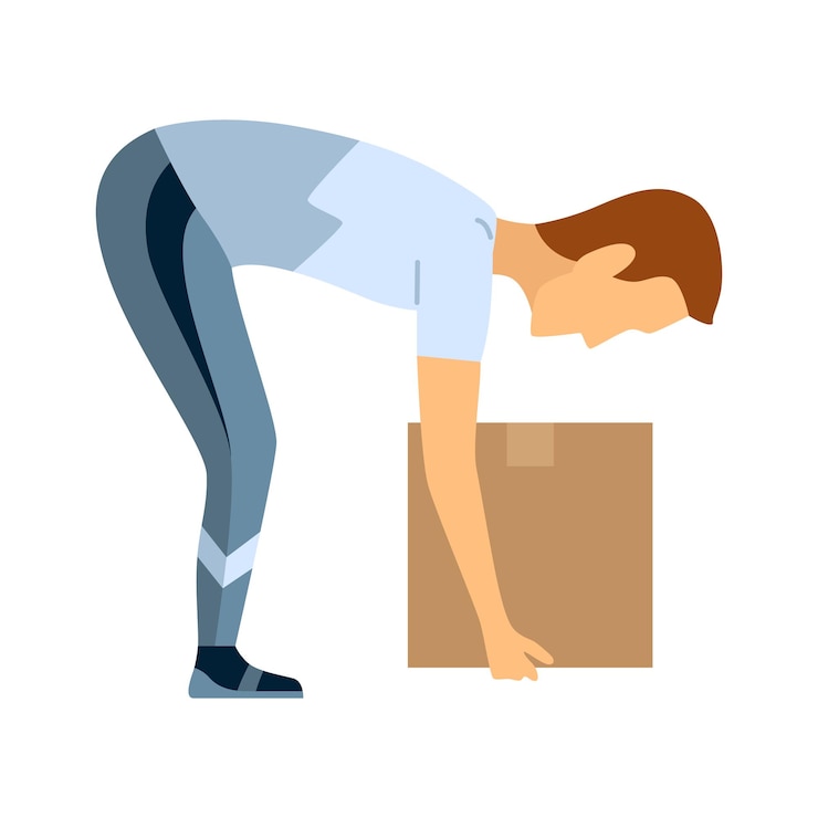 Vector heftechniek veilige beweging veiligheid onjuiste instructie voor het verplaatsen van zware pakketten voor werknemers ergonomische beweging voor het laden van objecten platte vectorillustratie