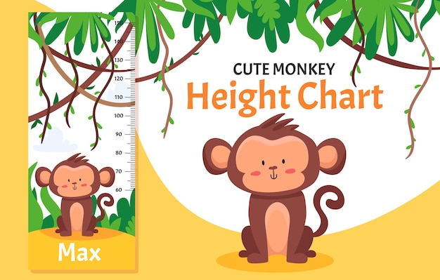 Height chart with cute monkey in jungle forest with trees and liana. Children illustration in vector flat style