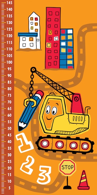 Height measurement wall with funny construction vehicle