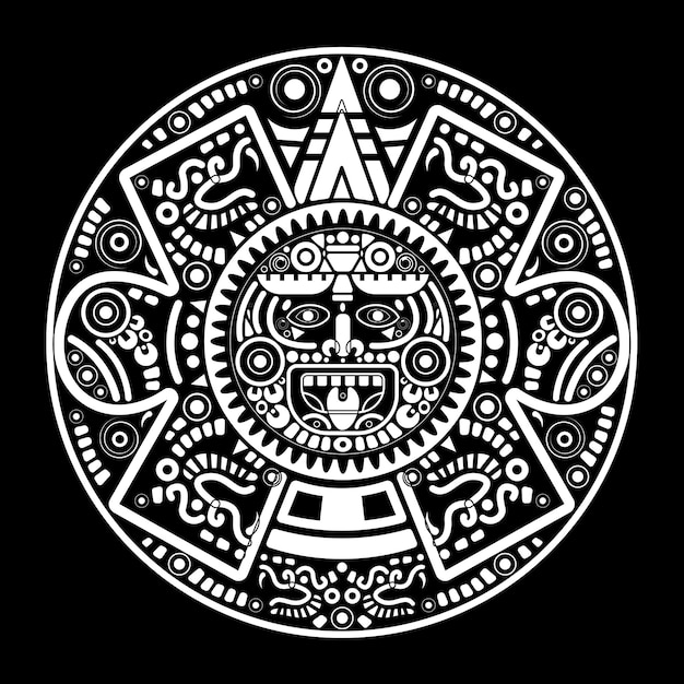 Heilige azteekse wielkalender maya zonnegod, maya symbolen etnisch masker, wit tattoo rond frame