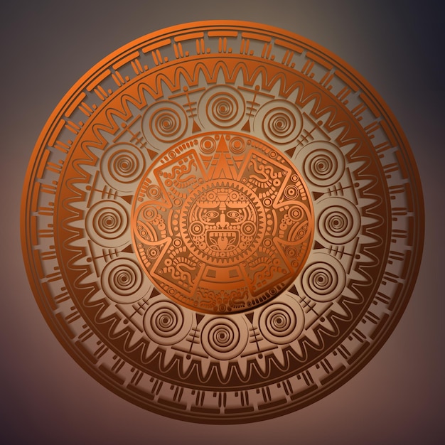 Vector heilige azteekse wielkalender maya zonnegod maya symbolen etnische masker bronzen ronde framerand