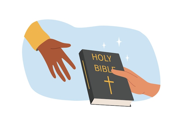 Heilige bijbel in de hand gelovige die een gebedenboek of evangelie overhandigt aan een andere persoon voor redding