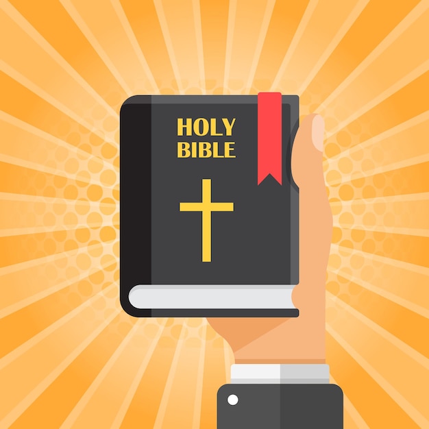 Heilige bijbel in de hand icoon in platte stijl christendom boek vector illustratie op geïsoleerde achtergrond religie teken bedrijfsconcept