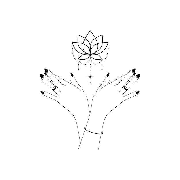 Vector heilige bloei lotusbloem met womens handen overzicht alchemie spirituele bloemen symbool met palm voor logo yoga wellness en meditatie school esoterische mystieke ontwerpelement vectorillustratie