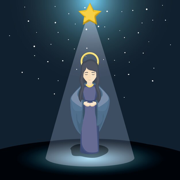 Heilige mary cartoon icoon. Heilige familie en vrolijk thema van het Kerstmisseizoen. Kleurrijk ontwerp. Vector illust