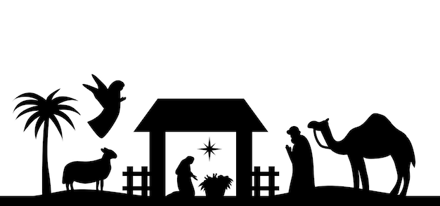 Heilige nacht van geboorte van kind Jezus Christus silhouet scène uit religie christendom kerststal. Bijbelse religieuze geschiedenis van katholieken. Knippen voor scrapbooking en afdrukken. Vector illustratie.