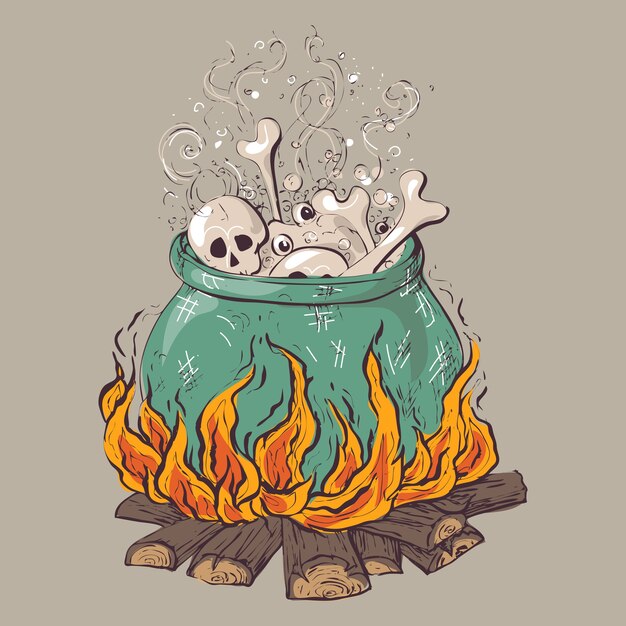 Heks crafting pot. Halloween-kaartaffiche.