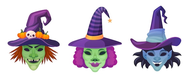 Heksen maskeren halloween enge heks gezichten carnaval hoofd vermomming kwaad maskers voor enge halloween maskerade kostuum enge make-up vrouw gezicht in hoed ingenieuze vectorillustratie