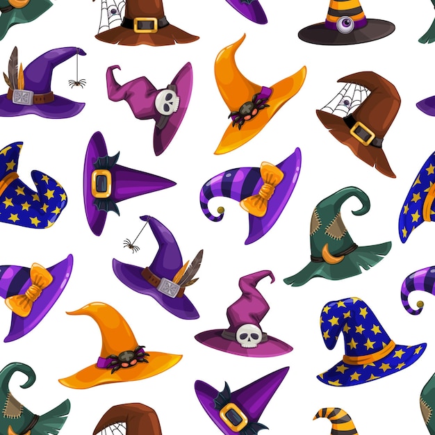 Heksenhoeden vector naadloos halloween-patroon. cartoon wizard hoofddeksels, traditionele goochelaar caps versierd met spinnenweb, verdere, strepen of sterren voor tovenares of astroloog. feestkostuum hoeden