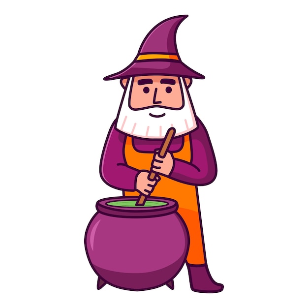 Heksenketel halloween magische pot met groene toverdrank gnome magisch karakter met een lange grijze baard