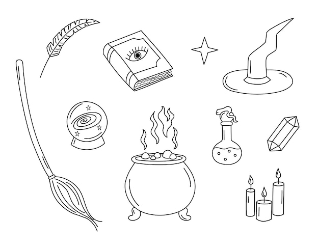 Hekserij doodles set heks attributen magische bal spreuk boek ketel bezem hoed Halloween symbolen geïsoleerd overzicht hand getrokken vectorillustratie