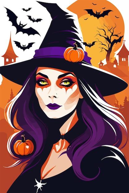 Hekserij wonderen halloween heks met hoed vector kunst illustratie