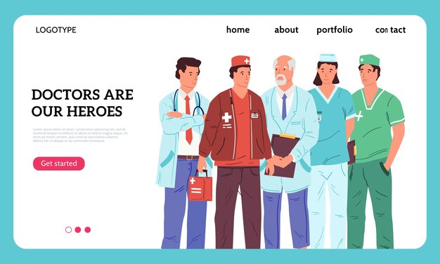 Held artsen banner Bedankt verpleegkundigen en artsen bestemmingspagina mockup ziekenhuis medische spullen ondersteuning team webbanner Kliniekwerkers redden levens Ziekenhuispersoneel in uniforme vectorillustratie