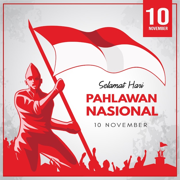 Vector helden hijsen de rood-witte vlag, de nationale heldendag van indonesië
