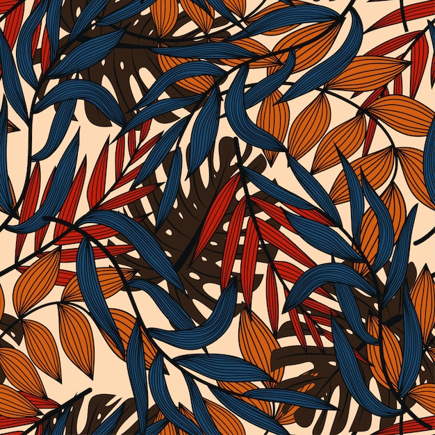 Helder abstract naadloos patroon met kleurrijke tropische bladeren en planten op beige