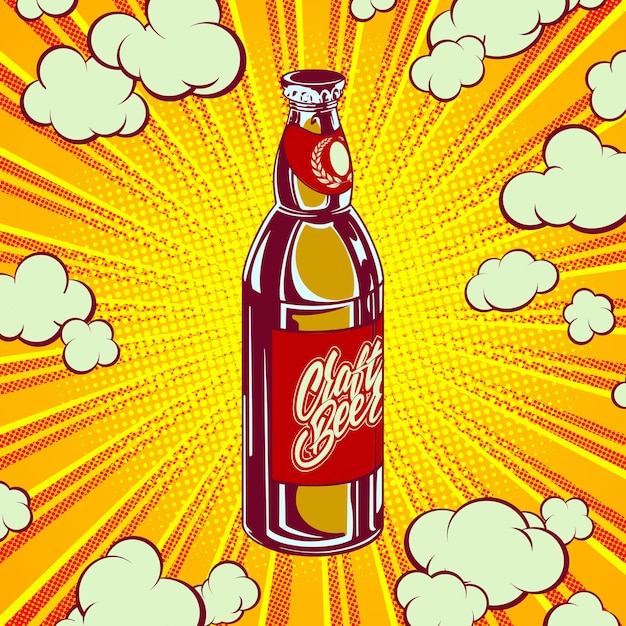 Helder ambachtelijk bierflesconcept in pop-artstijl voor print en ontwerp vectorillustratie