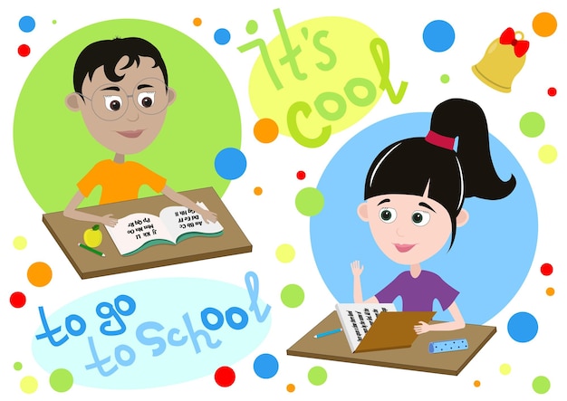 Vector helder beeld met twee kinderen op school een schoolmeisje dat een schooljongen leest en het alfabet leert
