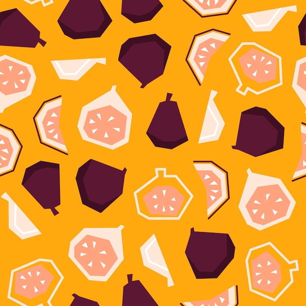 Vector helder en sappig naadloos patroon van geometrische abstracte vijgen op een oranje achtergrond