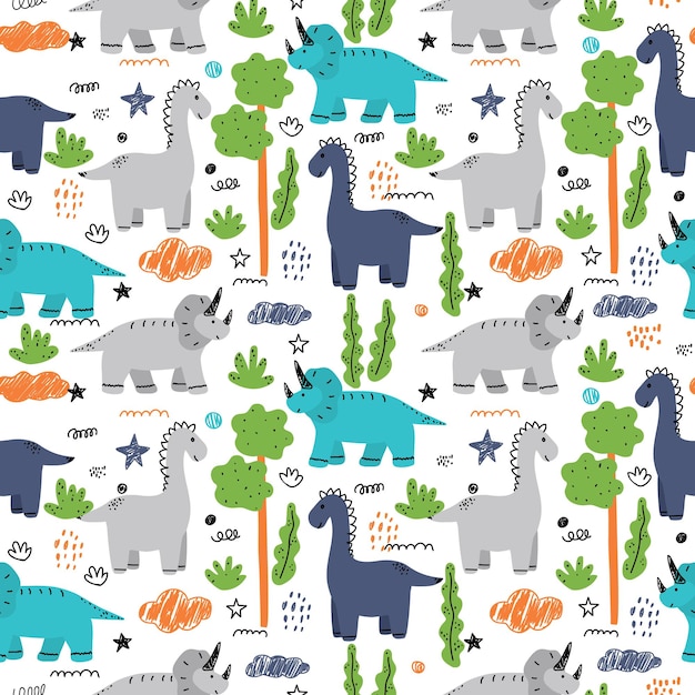 Helder kinderachtig naadloos patroon met dinosaurussen Schattige dieren bomen struiken en Doodle elementen Kleurrijke cartoon vectorillustratie voor kinderen decor en textiel