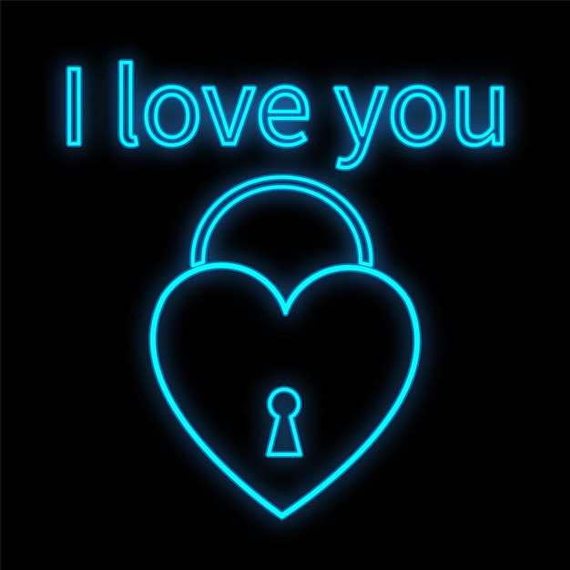 Helder lichtgevend blauw feestelijk digitaal neonbord voor een winkel of kaart, mooi glanzend met liefdesharten