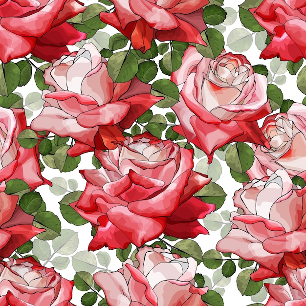 Helder naadloos bloemenpatroon met rode bloemen roze groene bladeren op witte achtergrond