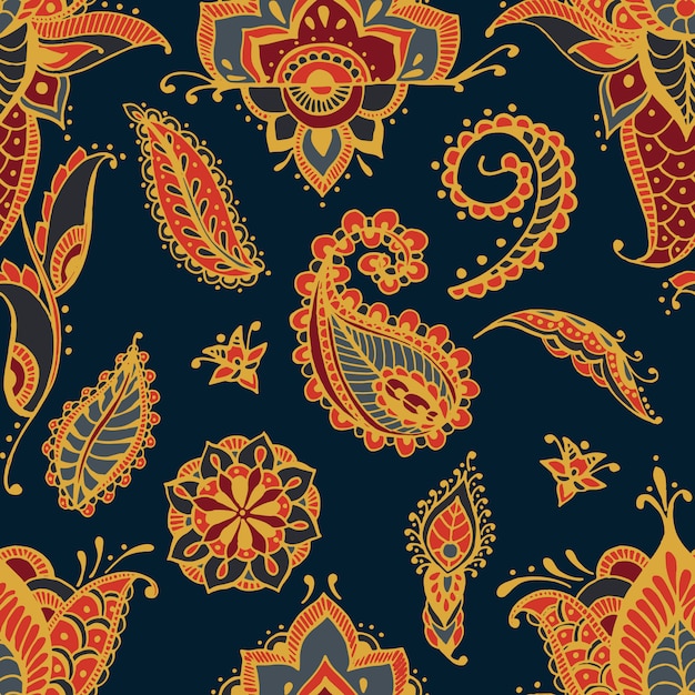 Helder naadloos patroon met paisley mehndi-elementen. Hand getekend behang met bloemen traditionele Indiase sieraad op donkere achtergrond.