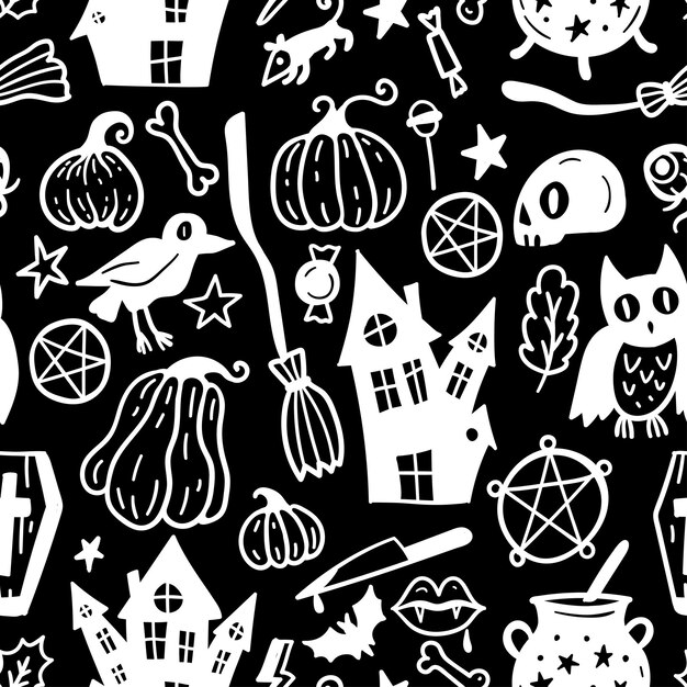 Vector helder naadloos patroon van horror halloween hand getrokken doodle elementen