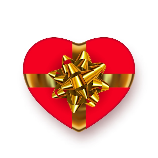 Helder, rood geschenkdoos hart van vorm met glanzende gouden strik
