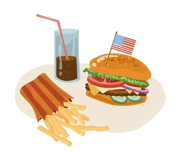 Vector helder smakelijk amerikaans fastfood hamburgerfrietjes en cola vectorillustratie in cartoonstijl kan worden gebruikt voor toepassingen met menu'srecepten