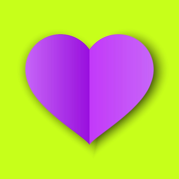 Helder violet papieren hart met schaduw op zure limoenachtergrond