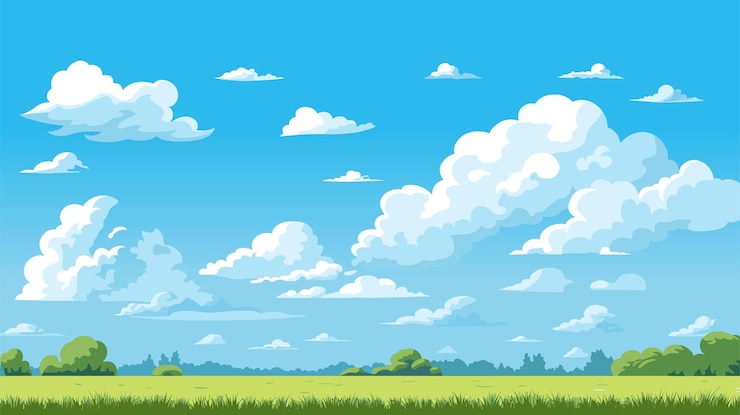 Vector helderblauwe lucht en wolken boven groene velden weiden zomer vector illustratie