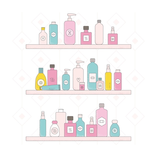 Heldere cartoon cosmetische flessen potten op planken Schattig gezicht crème buizen reinigingsmiddel zeep voor badolie scrub lotion gezichtsgel vectorillustraties