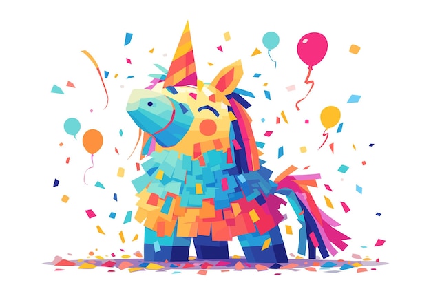 Heldere en vrolijke illustratie van een pinata die ontploft met confetti en ballonnen, perfect voor een feestelijke viering.