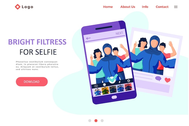 Heldere filters voor selfie-scherminterface fotolijst in sociale-mediatoepassing met portret van mensen Selfie-ontwerpapp-postsjabloon Landingspagina met fotoprogramma op het smartphonescherm