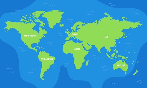 Vector heldere geïllustreerde kaart van de wereld met continenten voor kleuters schoolkinderen thuisonderwijs