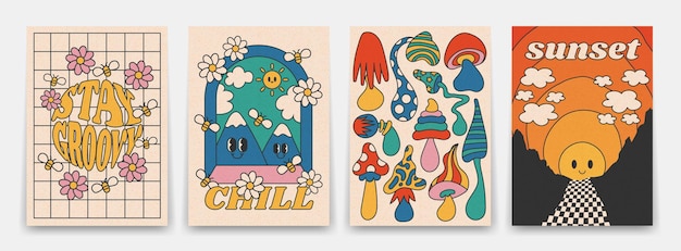 Heldere groovy posters 70s retro poster met psychedelische landschappen met regenboog en zon vintage