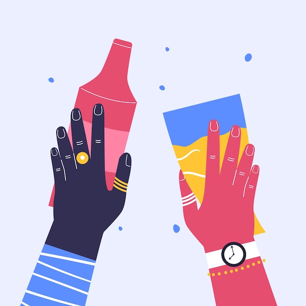 Vector heldere handen houden drankjes vast met een fles wijn hand met een glas bier moderne kunst