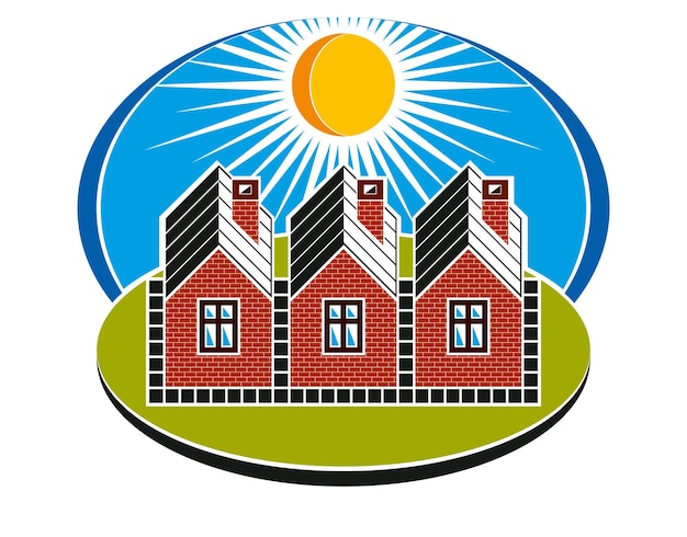 Heldere illustratie van landhuizen gebouwd met bakstenen. Dorpsthema, vector eenvoudige huizen op zonnig landschap. Mooie zomerse conceptuele afbeelding.
