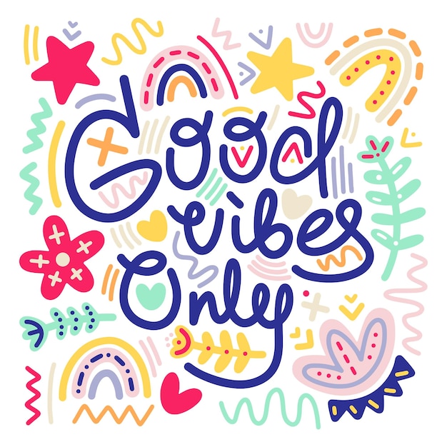 Heldere kawaii vector poster met goede vibes alleen positieve retro stickers voor print decor textiel