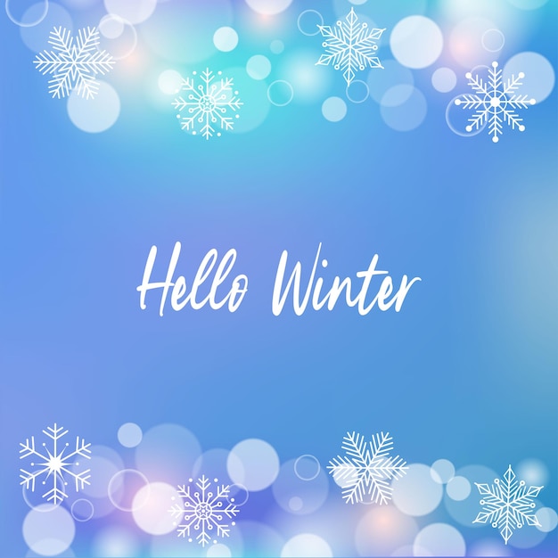 Heldere kleurrijke hemelachtergrond met witte sneeuwvlokken en hallo winter belettering