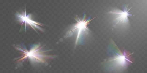 Heldere lensflare met regenbooglicht-effecten op transparante achtergrond